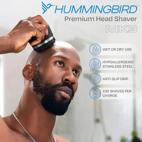 HUMMINGBIRD MK3 Head Shaver for Bald Men - Wet/Dry Electric Rotary Razor, Waterproof, Cordless USB-C Rechargeable Skull Shaver with Case 7