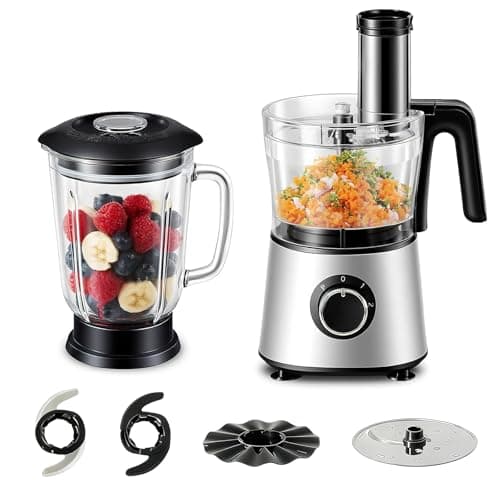 Sweetcrispy Food Processor Blender Combo for Vegetable, Dough, Electric Food Processors Slicing, 6 Cup Chopper for Meat, Puree, 2 Speeds, Sharp Blades, Safety Lock with 1.5L Glass Jar