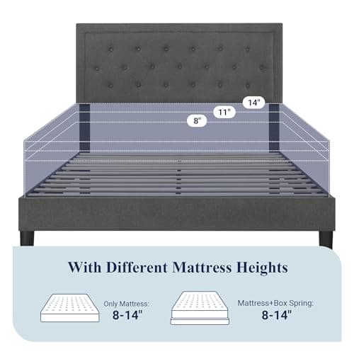 Allewie Queen Size Button Tufted/Fabric Upholstered Bed Frame with Adjustable Headboard/Wood Slat Support/Mattress Foundation/Dark Grey 6