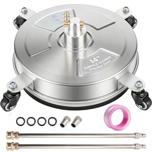 Hourleey 14" Pressure Washer Surface Cleaner, Stainless Steel Surface Cleaner with 4 Wheels for Concrete, Patio, Sidewalk, Deck, Pathway 1/4" Quick Connector, 2 Extension Wand, 4000 PSI
