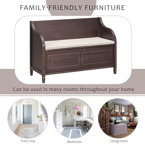 Bellemave Storage Bench with Safety Hinge Wooden Entryway Benches with Shoe Cabinets Under Seat Multifunctional Storage Bench for Entryway, Foyer or a Mudroom (Espresso + Beige) 8