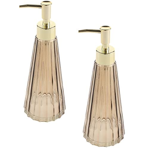MyGift 2 Pcs Vintage Soap and Lotion Dispenser Set, Smoked Glass and Brass Liquid Pump Dispenser with Vertical Ribbed Design 7