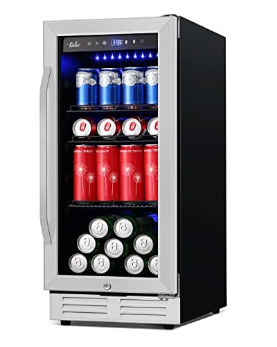 Velivi 15 Inch Beverage Refrigerator and Cooler - 125Cans Capacity Mini Beer Drink Fridge with Glass Door and Lock Under Counter Built-in or Freestanding - for Soda, Beer, Wine - for Home Bar Kitchen