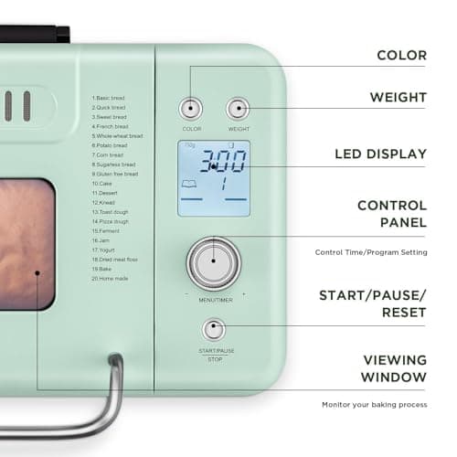 Neretva Bread Maker, 20-in-1 2LB Bread Machine Dual Heater & Nonstick Ceramic Pan Bread Makers Machine All Metal Compact for Gluten Free/Dough Maker/Meat Floss/Jam/Yogurt/Breadmaker Recipe-Light Green 6