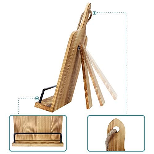 Soligt Cookbook Stand for Kitchen Counter Adjustable iPad Tablet Recipe Book Holder Rustic Wood Cutting Board Style - Brown 5