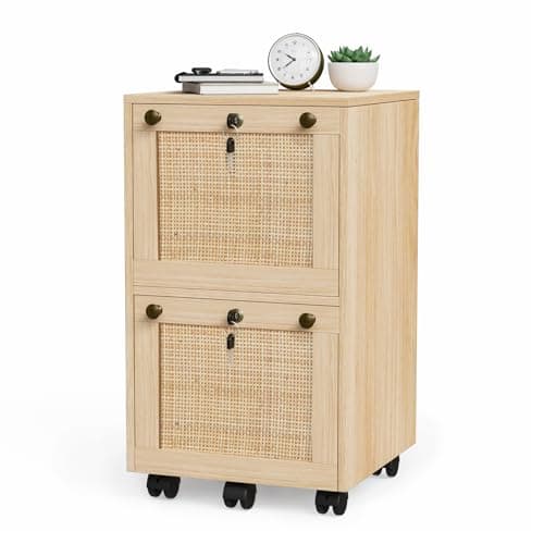 VINGLI 2 Drawer File Cabinet with Lock, Rolling File Cabinets for Home Office, Small Printer Stand, Wood Rattan Oak File Organizer, Under Desk Filing Cabinet on Wheels for Folders with Tabs 9