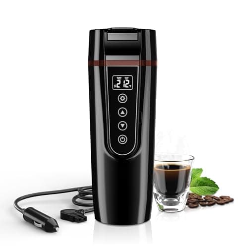 FVPE Car Travel Electric Kettle, 12V/24V Kettle Portable Water Boiler, Large Display Multi-Temp Adjustment Car Water Heater,304 Stainless Steel Truck Heating Cup for Brewing Coffee Tea (Black, 400 mL)