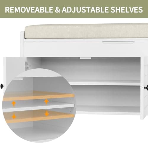 43.5" Shoe Storage Bench for Entryway, Bench with Shoe Storage, Storage Bench with Cushion and Hidden Storage, Shoe Bench with Storage for Entryway, Hallway, Mudroom and Living Room, White 5