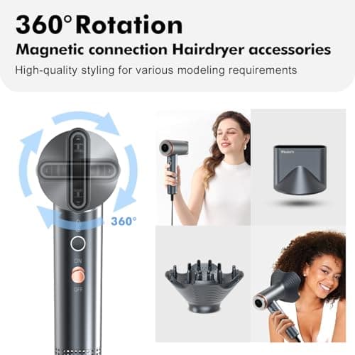 WHALER'S Professional Hair Dryer Ionic 1400W Fast Drying, 4 Speed/Heat Settings & Cool Shot, Dual Voltage for Travel, Includes Diffuser+Concentrator+Replacement Brush (1.4kW, 120V-240V) (Black) 4