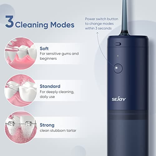 Water Flosser Dental Oral Irrigator Teeth Cleaner Portable Travel Rechargeable Cordless,IPX7 Electric Plaque Remover 3 Modes 3 Jet Tips 140ml (Blue) 5