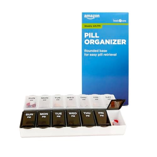 Amazon Basic Care 7-Day AM/PM Pill Organizer, Vitamin Case and Medicine Box with Large Compartments, 2 Times a Day, Black and Clear Lids