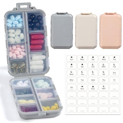 LANDNEOO 14 Grids Pill Organizer Box with Labels, Travel Medication Holder Dispenser Case Kit, Pocket Daily Pharmacy Container for Fish Oil Vitamin Supplement Storage, Khaki Pink Grey, 3 Pack