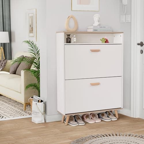 Citybay Shoe Storage Cabinet with 2 Flip Drawers, Shoe Cabinet Storage for Entryway, Narrow Shoe Rack with Legs, Freestanding Shoes Organizer with Adjustable Shelves
