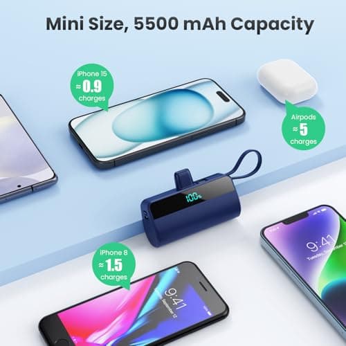 Small Portable Charger for iPhone with Built in USB C Cable, 5500mAh Mini Power Bank 20W PD Fast Charging, LCD Display Battery Pack for iPhone 17/16/15/14/13/12/11/X/8/6 Series Android Galaxy (Blue) 5