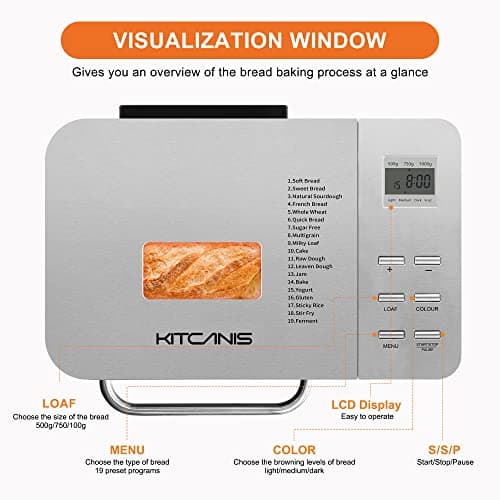 Bread Maker Machine KITCANIS, 2.2LB Stainless Steel Bread Machine, 15H Timer&1H Keep Warm, Sourdough, Gluten-Free, Dough Maker, Bread Making Machine with Nonstick Pan, Recipes, 650W 6