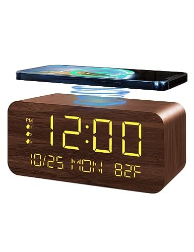 Digital Alarm Clock, with Wooden Electronic LED Time Display, 3 Alarm Settings, 10W Wireless charging, Day of the week, Temperature Detect, Wood Made Digital Clocks for Office, Bedroom, Bedside, Brown