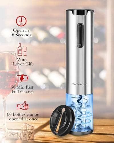Electric Wine Opener Tomentific, Rechargeable Automatic Wine Corkscrew Bottle Opener With Foil Cutter, Type-C Charging Wine Openers With LED Light For Home Party Wedding Gifts (Stainless Steel) 5