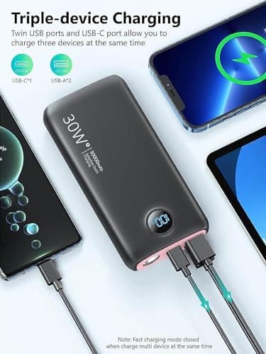 Portable Charger, 30000mAh QC4.0 PD3.0 30W USB C Fast Charging, Power Bank with 3W Flashlight and Led Display, External Battery Pack Travel Essentials for iPhone 17 16, Galaxy, LG, Tablet, and More 4