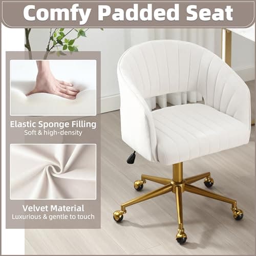 ABET Desk Chair with Wheels, Velvet Home Office Chair, Swivel Armchair Gold Base, Upholstered Modern Accent Chairs, Back Incline Adjustable for Living Room Bedroom Vanity, Off-White Cream 5