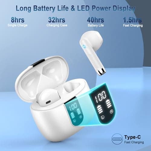 Wireless Earbuds, Bluetooth Headphones 5.4 with ENC Noise Cancelling Mics, 40H Bluetooth Ear buds Stereo Bass with Dual LED Display Charging Case, IP7 Waterproof Wireless Earphones for Android, iOS 5
