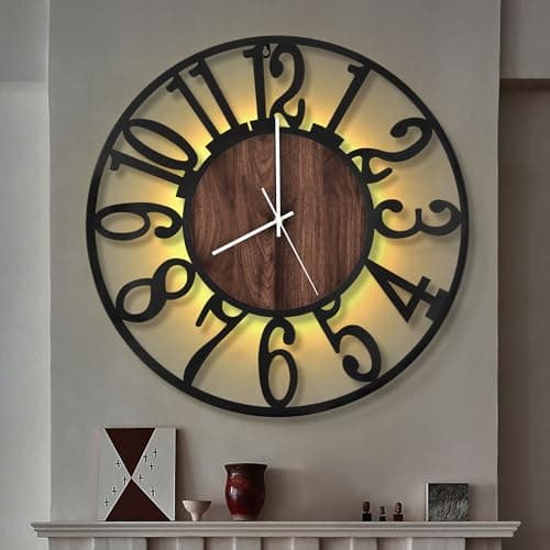 LEIKE Large LED Wall Clocks,Silent,Non Ticking,Battery Operated Rustic Round Modern Big Wood Wall Clock for Living Room, Bedroom,Kitchen,Farmhouse,Office,Home Decor -24" Black,LED,Arabic Number