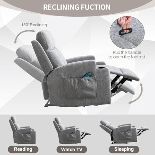 Phoenix Home Manual Recliner Chair with Massage and Heat Ergonomic Overstuffed Breathable Fabric Reclining Chair with 2 Side Pockets, 2 Cup Holders, Remote Control, Living Room, Bedroom, Gray 5