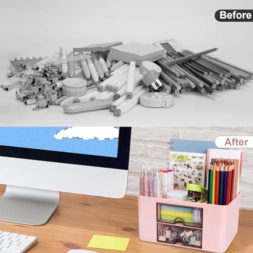 Meiikun Plastic Pen Organizer, Multifunctional Desk Organizer with 2 Drawers, 4 Compartments & a Top Tray, Pencil Holder Desktop Organizers and Accessories for Office, 7.7" x 5.5" x 3.9" (Pink) 8