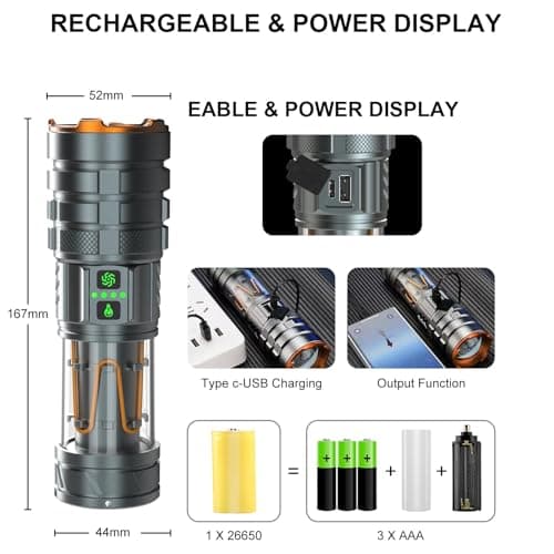 iodoo 2 in 1 Rechargeable Flashlight 5000mAh All Aluminum Body Camping Lantern True 5000 Lumens Outdoor Camping Light , Zoomable LED Flash Light with Electric Lantern Failure Emergency Survival Kits 8