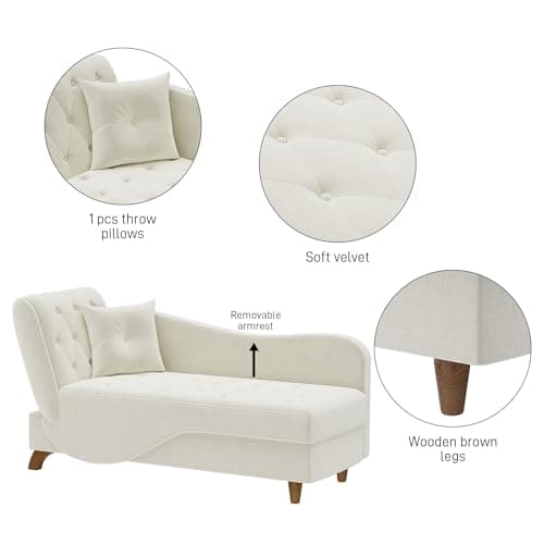 DAMAIFROM Chaise Lounge Chair Indoor with Storage, Adjustable Backrest Recling Reading Chair Sleeper Sofa Bed with Pillow, 3 in 1 Velvet Futon Lounge Chair for Living Room Bedroom, Beige White 6