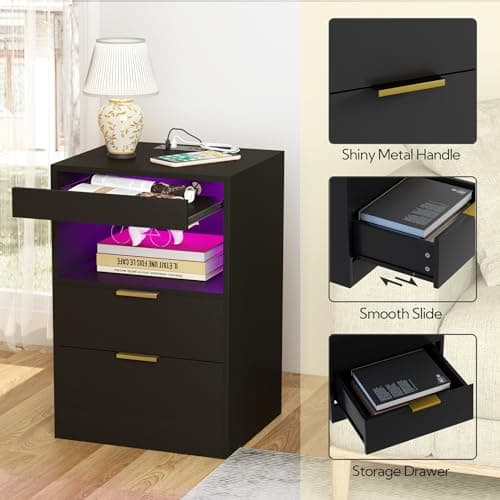 Yusong Night Stand, Bedside Table, LED Nightstand with Charging Station, Modern Night Stand, Wood Sofa Couch End Side Table with 2 Pull-Out Shelf (Black) 6
