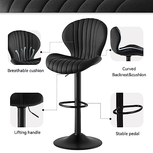 Nalupatio Modern Bar Stools Set of 2, Adjustable Fabric Upholstered Swivel Bar Chairs, Counter Height Barstools with High Backrest, for Bar Kitchen Island, Dining Room, Black 5