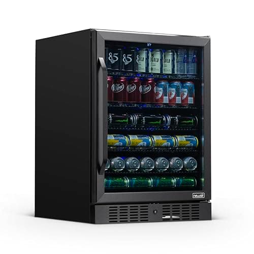 NewAir Beverage Refrigerator with Glass Door | 177 Can Mini Fridge for Bedroom, Dorm, Office, or Gaming Setup | Soda, Beer, and Wine Cooler | Black Stainless Steel