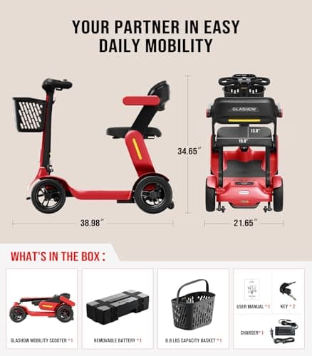 Glashow S3 Foldable Mobility Scooter for Seniors and Adults – 4-Wheel Lightweight Electric Scooter, 25-Mile Range, 6 mph Max Speed, 265 lb Capacity, PAI Safety System for Outdoor Travel- Red 8