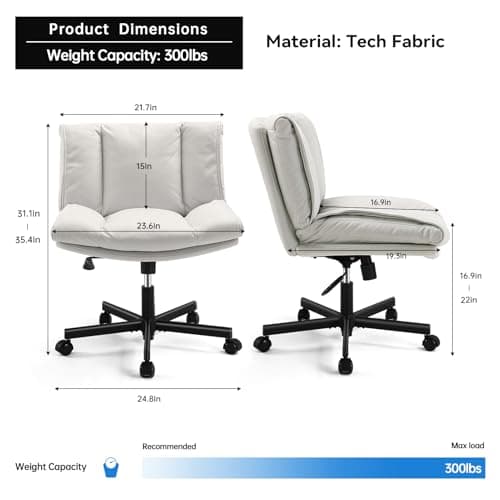 LEAGOO Criss Cross Chair with Wheels, Comfy Armless Desk Chairs with Tech Fabric, Wide Seat Cross Legged Office Chair, Height Adjustable Swivel Computer Task Chairs for Home Office, Bedroom, Make up 3