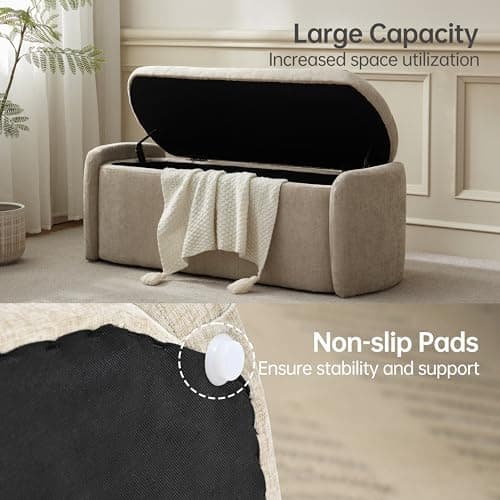 VKNOW 46" Oval Storage Ottoman Bench, Upholstered End of Bed Bench Ottomans Bench Foot Rest, Sherpa Storage Bench for Bedroom, Living Room and Hallway, Light Brown 5
