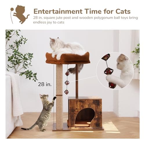 FUKUMARU Cat Scratching Post, Modern Style Cat Tree with Unique Square Post, Wooden Cat Tower with silvervine Balls, Retro Cat Condo Scratcher for Indoor Cats（Solid Wood） 6