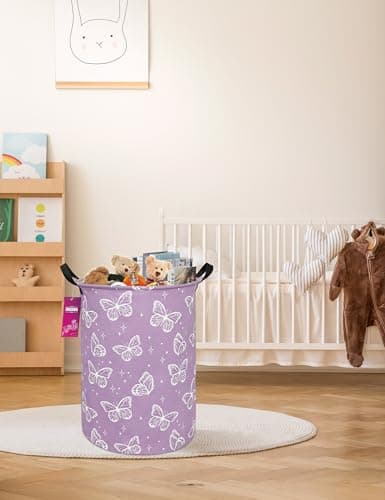 INGHUA Laundry Hamper Large Canvas Fabric Lightweight Storage Basket/Toy Organizer/Dirty Clothes Collapsible Waterproof for College Dorms, Boys and Girls Bedroom,Bathroom(butterfly) 5
