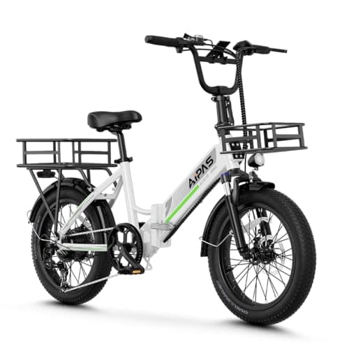 Aipas A2 Folding Electric Bike, 20'' Fat Tire Electric Bike with 750W Peak Motor, 48V 12.8Ah Removable Battery, 28MPH Max Speed, 62 Mile Range, Step-Through Frame and 7-Speed with 2 Baskets