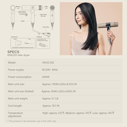 KINUJO Infrared Hair Dryer Professional Blow Dryer 4th Gen BLDC Motor, Quick Dry, Low Noise, Nozzle Lightweight & Foldable Handle Travel Portable Hair Dryer 6