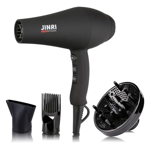 JINRI Hair Dryer, 1875W, 3 Heat & 2 Speed, with Diffuser, with Concentrator, Ionic Technology & Infrared - Black, Detachable Air Intake, Hanging Strap, Non-Foldable, 125V, JINRI-104