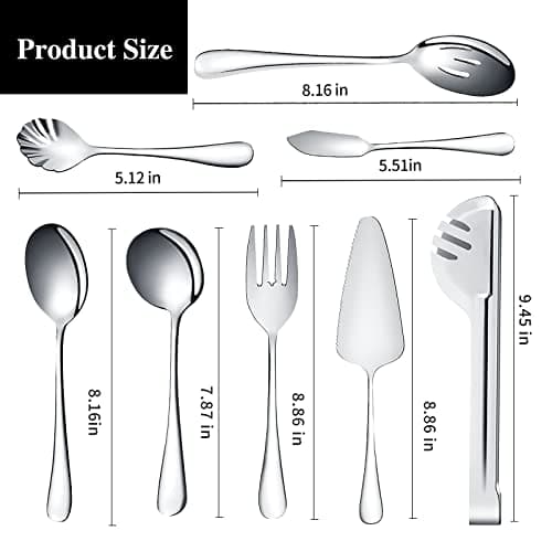 Keyoxy Stainless Steel Serving Utensil Set, 12 Pcs, with Large Slotted/Spoon/Forks/Soup Ladle/Tongs/Pie Server/Butter Knife for Parties/Kitchen/Buffet/Catering 6
