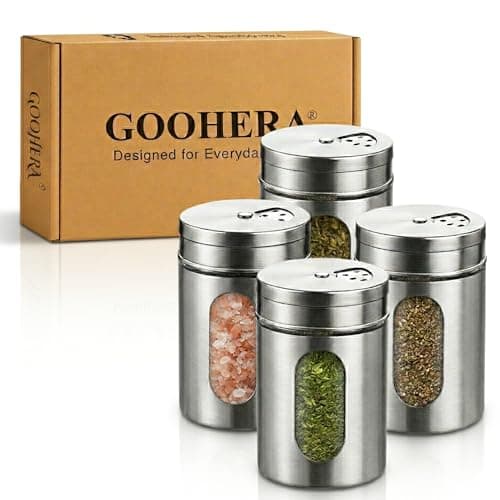 4-Piece Premium Stainless Steel Salt and Pepper Shakers Set – Adjustable Pour Holes Spice Dispenser for Salt, Sugar, Cinnamon, and Pepper – Stylish Kitchen Seasoning and Spice Shaker Set