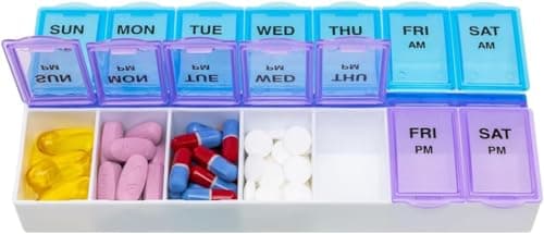EZY DOSE Weekly (7-Day) AM/PM Daily Pill Case, Medicine Planner, Vitamim, Fish Oil, Supplements Organizer Container, Large Compartments, 2 Times a Day, Blue and Purple Lids, BPA Free 6