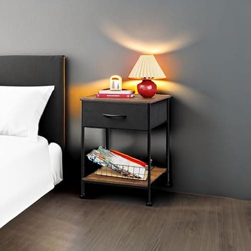 WLIVE Night Stand, Side Table with Fabric Storage Drawer, Small Nightstand, Bedside Table End Table for Bedroom, Dorm, Open Wood Shelf, Steel Frame, Black and Rustic Brown 6
