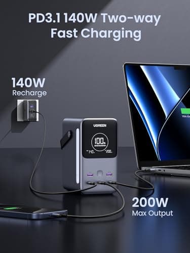 UGREEN 300W 48,000mAh Portable Charger Power Bank with Smart Digital Display, Lighting and SOS Mode, 153Wh 5 Ports USB C Battery Pack for Outdoor Camping and Home Backup for Laptop and More 5