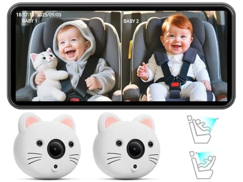 IIWEY Baby Car Camera for 2 Kids – 7.2” Ultrawide Split-Screen Monitor with Dual 1080P HD Car Seat Cameras, Cute Replaceable Cat Covers, Night Vision, Type-C Power, Easy Install for Twins or Siblings