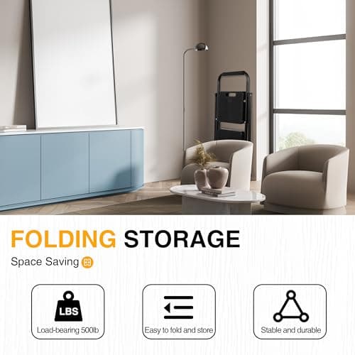 Step Ladder, Portable Steel Folding Step Stool with Wide Anti-Slip Pedal & Convenient Handgrip, 500lbs Sturdy Steel Ladder, 2-Step, Black 5