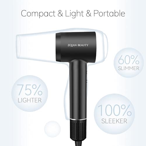 110,000 RPM Brushless Motor Hair Dryer for Fast Drying, 200 Million Negative Ions, Travel-Friendly Low Noise Design (Black, with Concentrator and Diffuser) 7