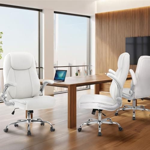 NEO CHAIR Ergonomic Office Desk Gaming Computer Chair Executive High Back Support Flip-up Arms Adjustable Height Swivel Rolling Wheels Comfy PU Leather for Home (White) 9