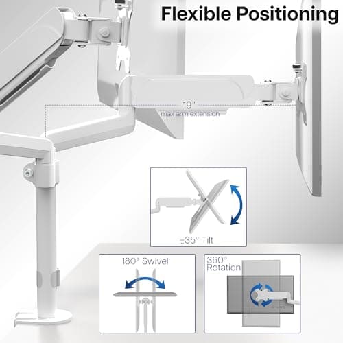 VIVO 17 to 32 inch Dual Pneumatic Monitor Mount, 2 Pneumatic Arms, Adjustable Swivel, Rotation, Heavy Duty VESA Desk Stand with C-clamp, Grommet, Max VESA 100x100, White, STAND-V002KW 5